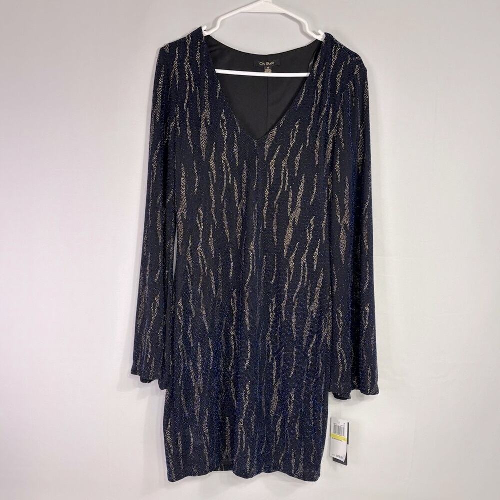 NWT City Studio Navy Gold Metallic Long Sleeve Dress Size Medium VV0921